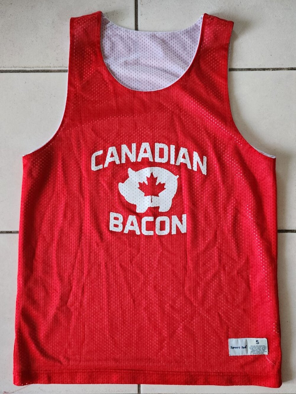 Reversible Mesh Tank Top, Canadian Bacon, Red/White, Small Sleeveless